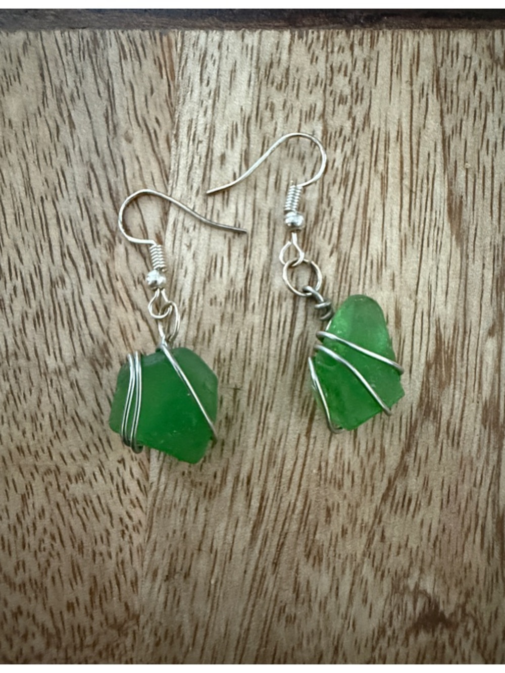 Green Sea Glass Wire-Wrap Dangle Earrings